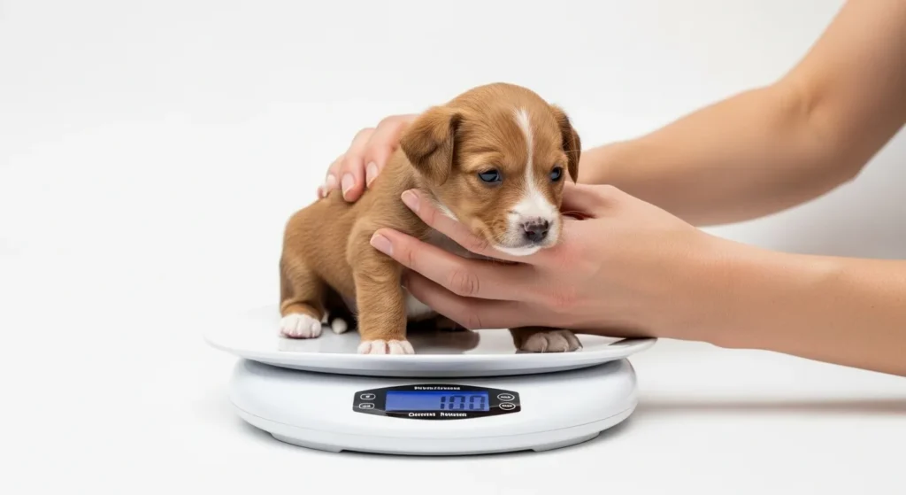 Puppy being weighed on a scale by a pet owner.