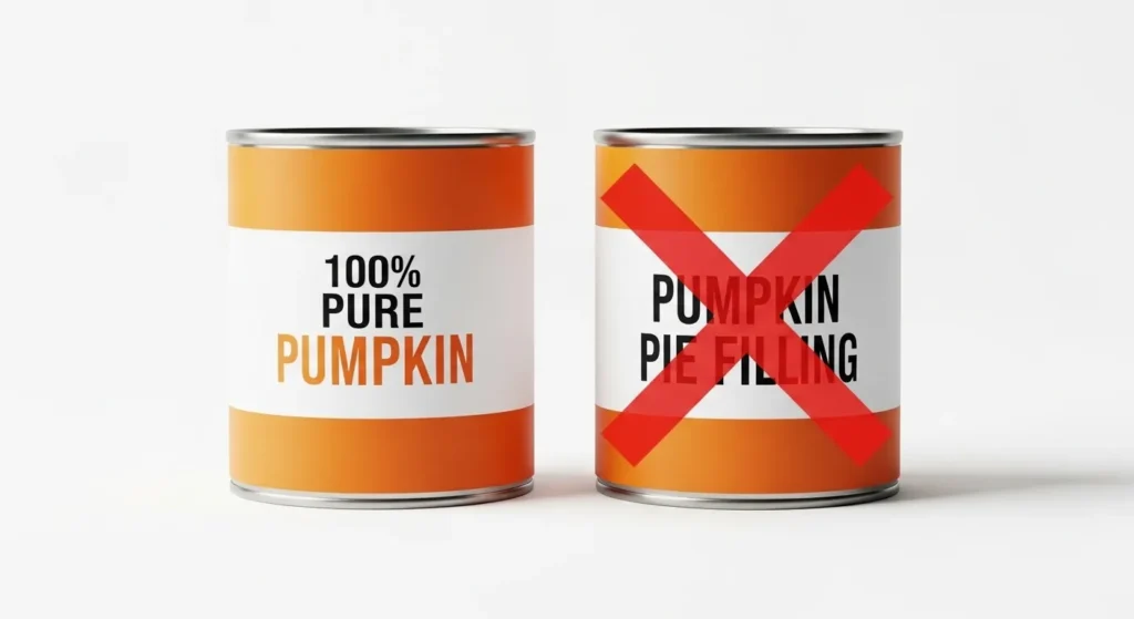 Pure pumpkin can versus pumpkin pie filling can showing which is safe for cats