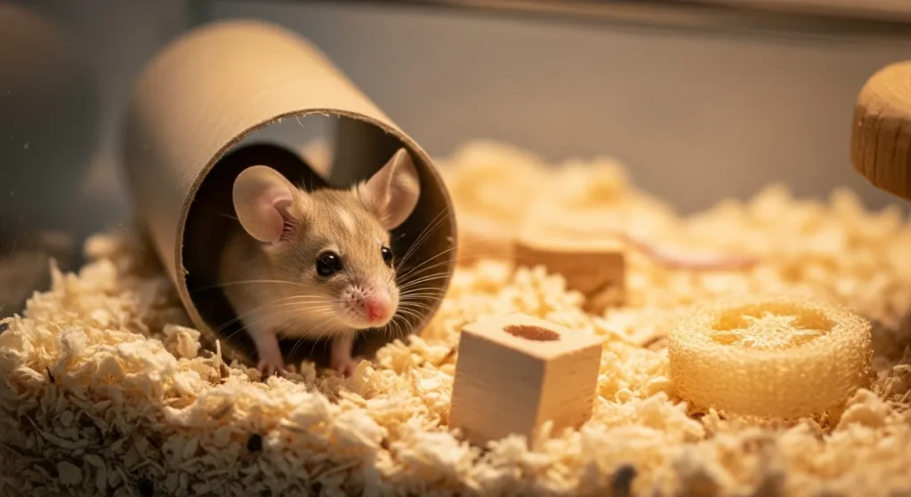 African pygmy mouse in a cage with tunnels.