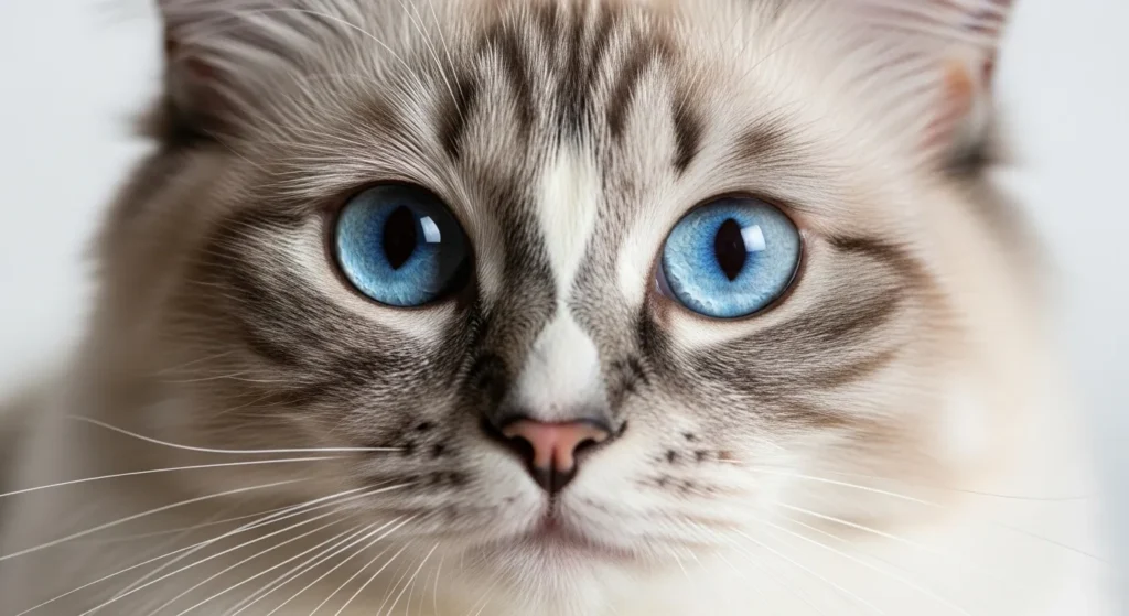 Close-up of Ragdoll cat's vivid blue eyes