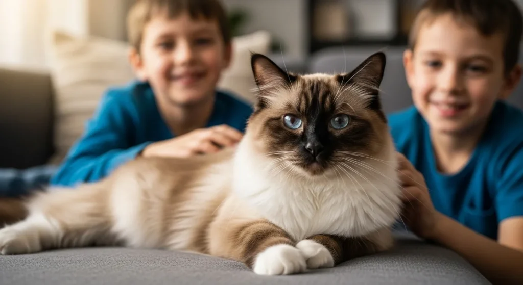 Fluffy Ragdoll cat cuddling on sofa with children
