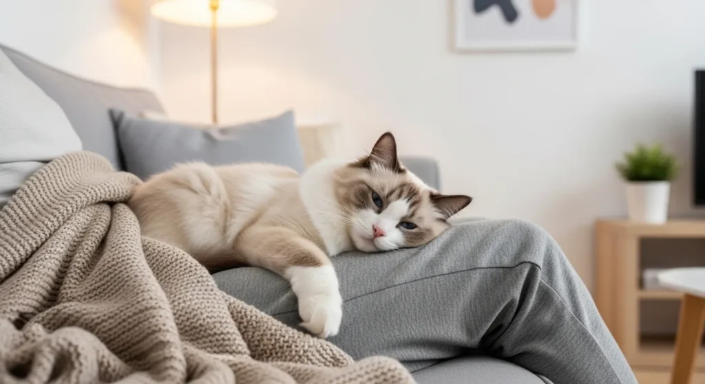 Ragdoll cat with blue eyes cuddling on a lap in an apartment.