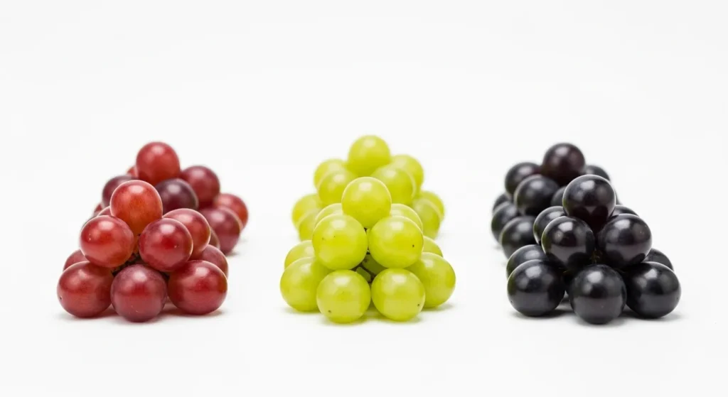 Assortment of red, green, and black grapes.