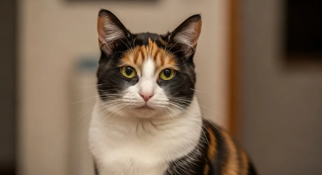 Rare male calico cat with orange black and white coat sitting indoors