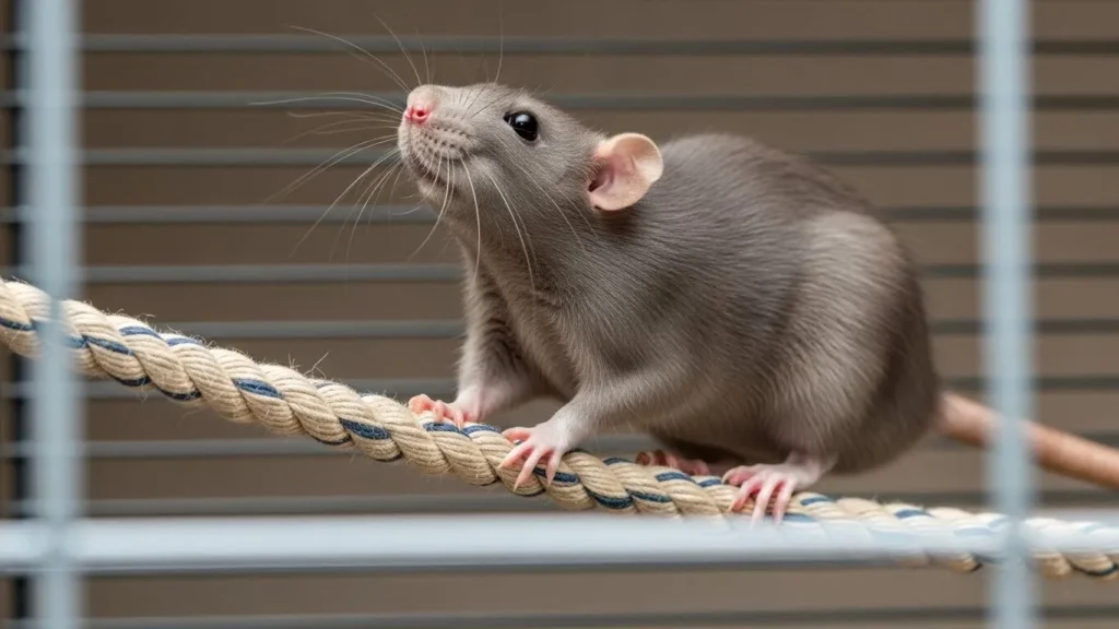 Friendly rat in cage for apartment living.