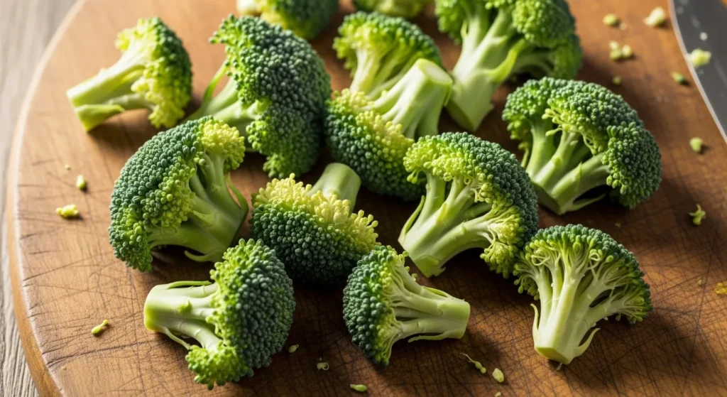 Chopped raw broccoli for canine consumption.