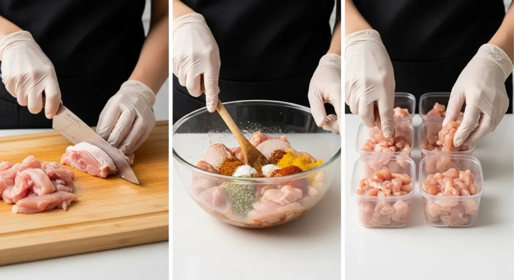 Step by step preparation of raw chicken and organ meat high-protein cat food recipe