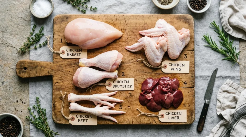 Raw chicken breast, drumstick, wing, liver, and feet arranged on a wooden board