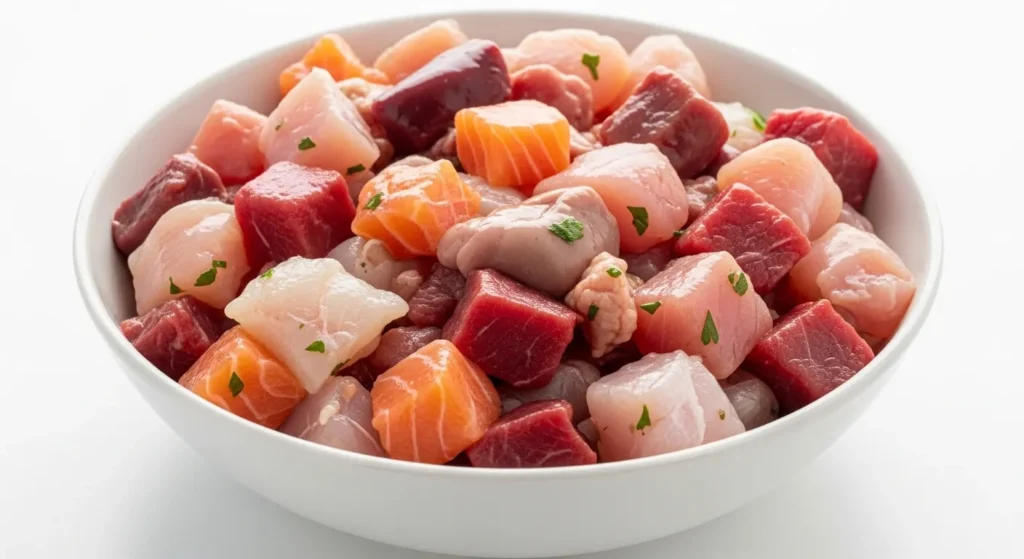 Dish of uncooked meat mix