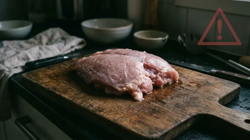 Raw turkey on a cutting board with a caution symbol indicating food safety risks for cats