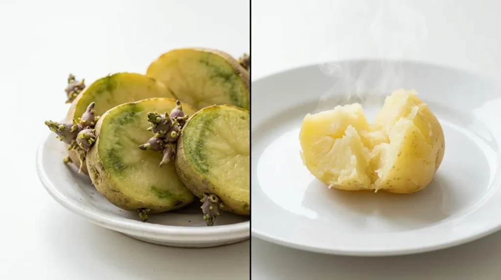 Raw potato with green tinge versus plain cooked potato on white plate