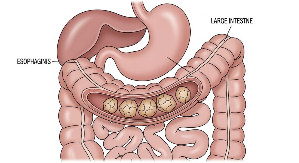 Illustration of intestinal blockage from rawhide in dogs.