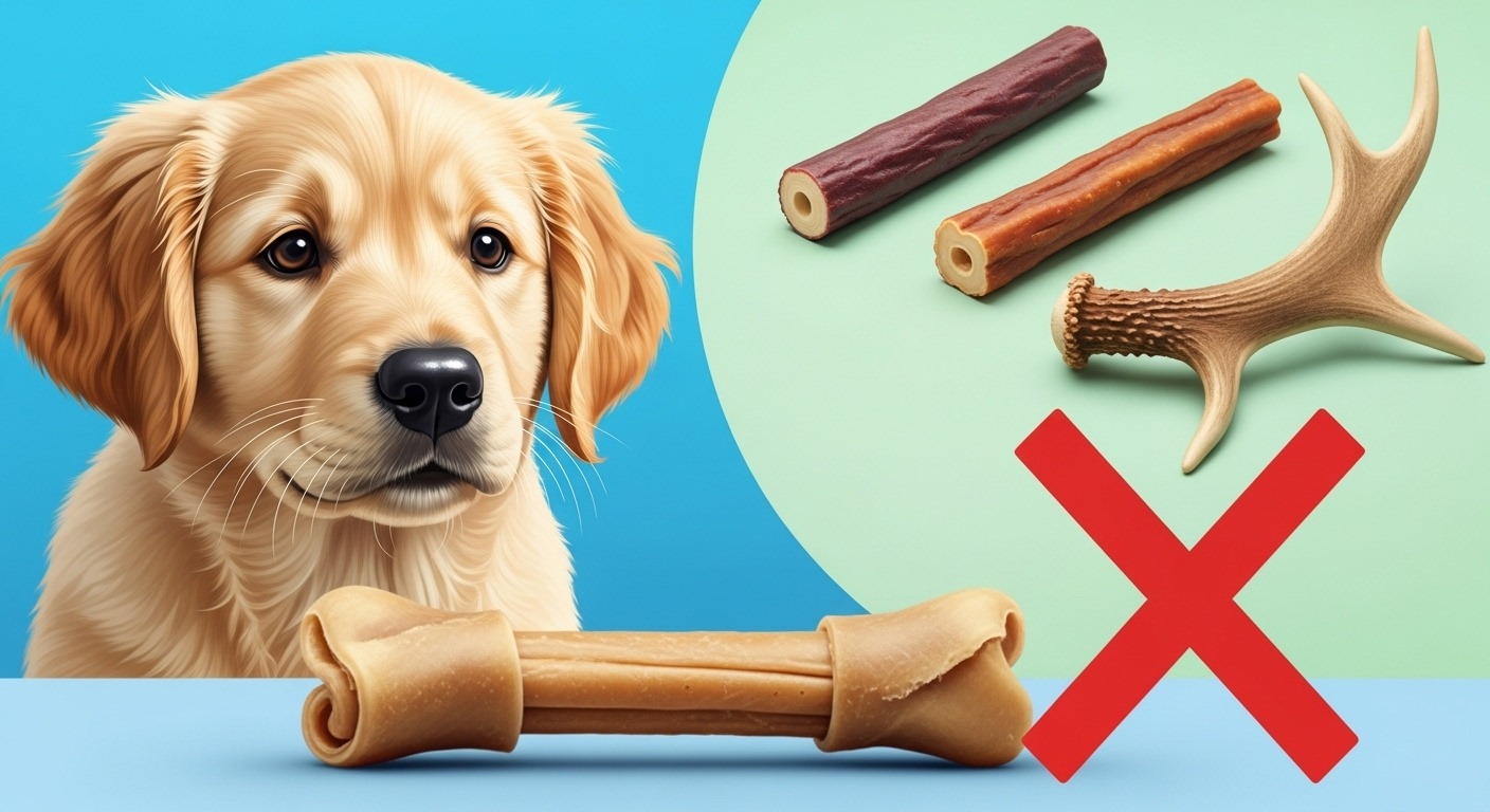 Thumbnail showing dog eyeing rawhide with safer chews.