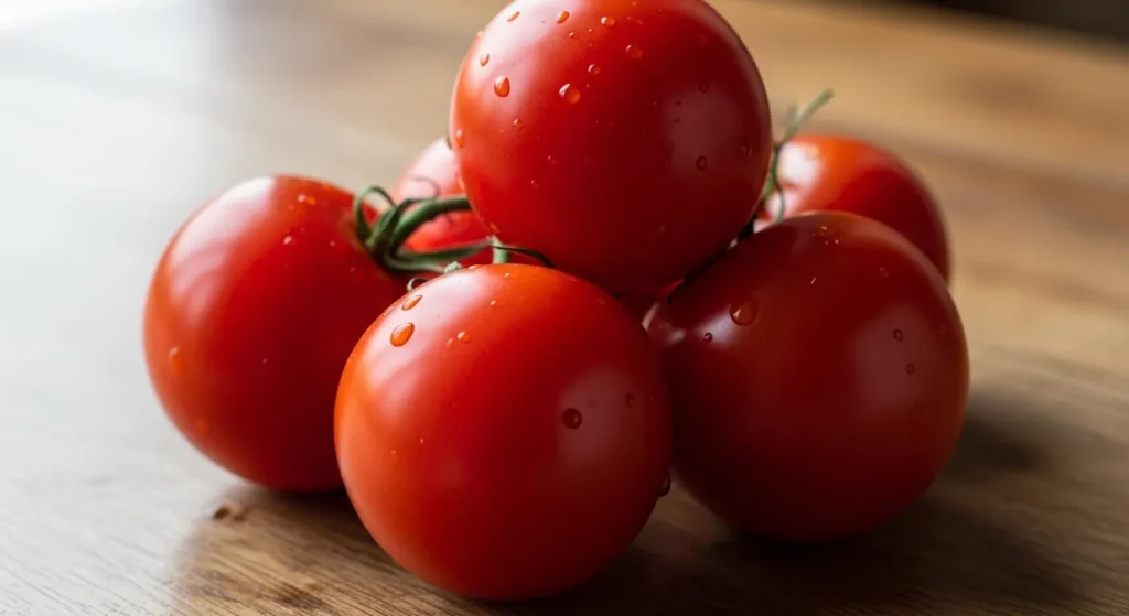 Close-up of ripe red tomatoes on a wooden table.
