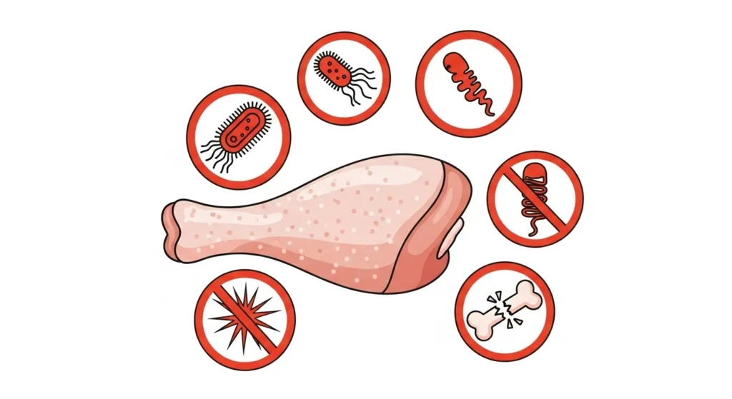 Warning signs for raw chicken and bones.