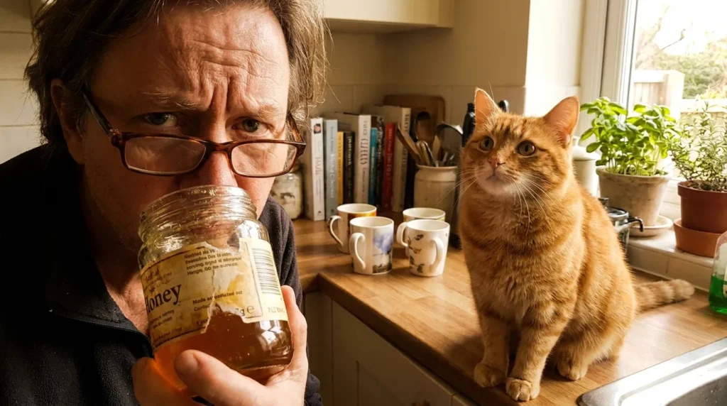 Cat owner reading honey jar label with cat nearby