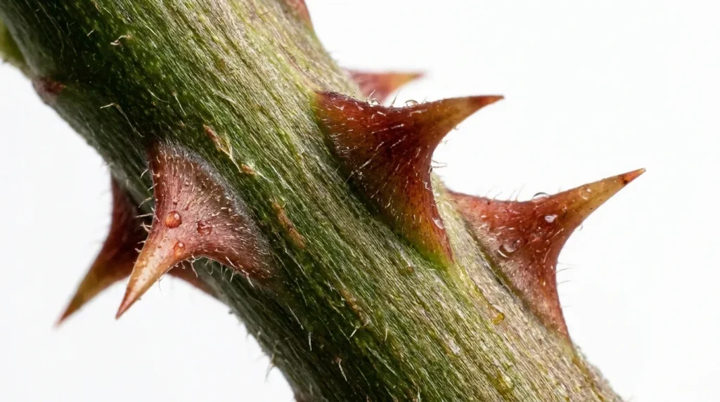 Close-up of sharp rose thorns on a green rose stem