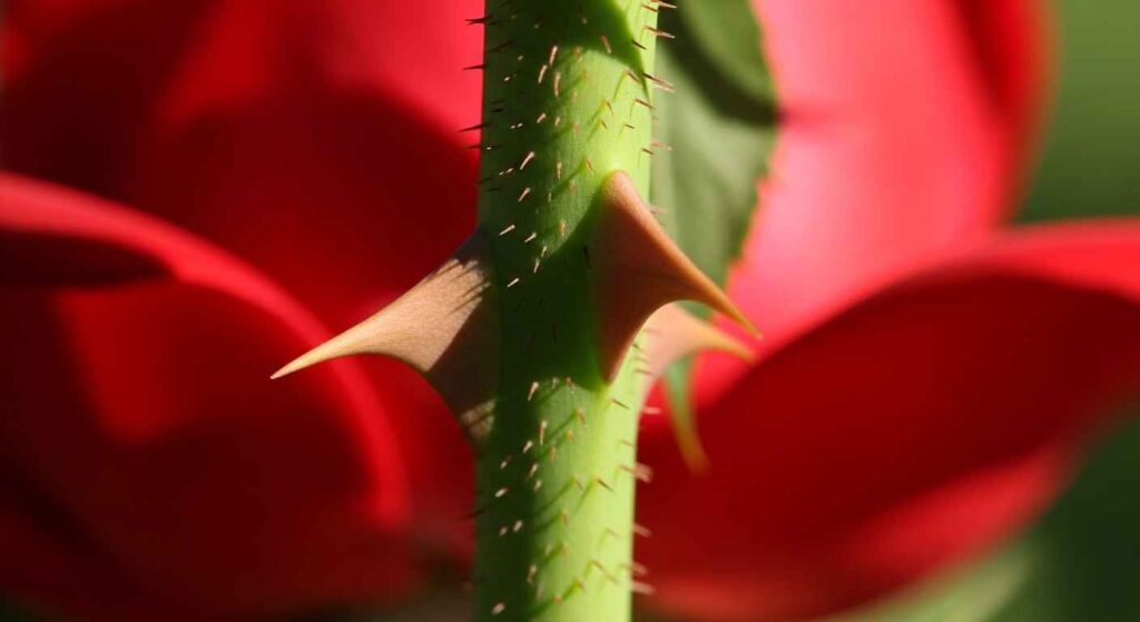 Rose thorns on stem.