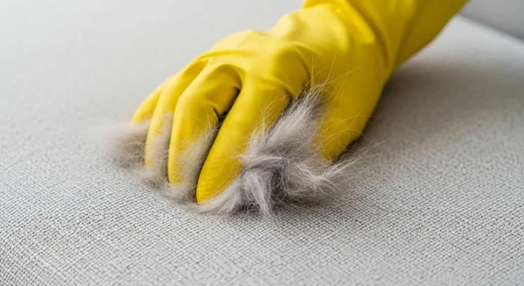 Hand in rubber glove picking up fur.