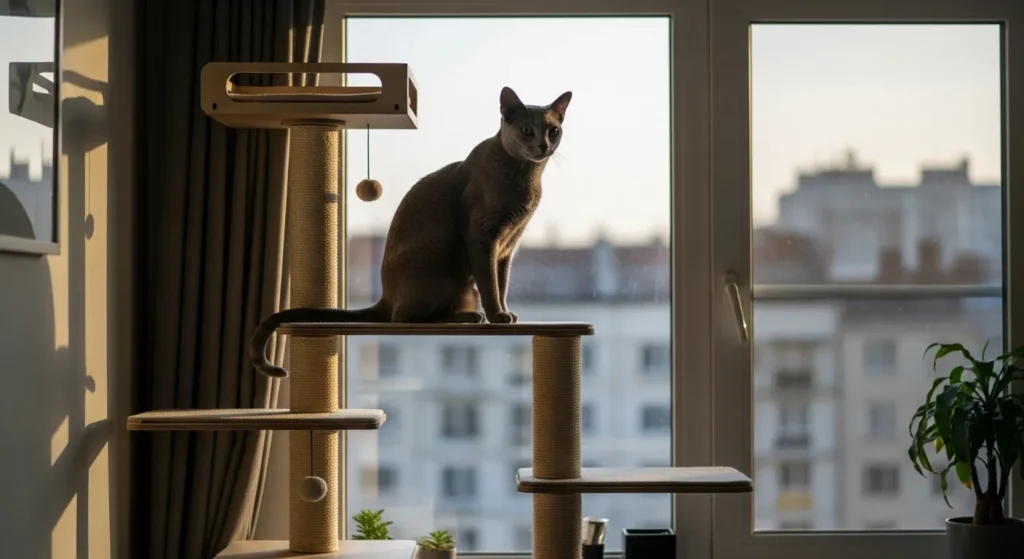 Russian Blue cat with grey-blue fur on a cat tree in an apartment.