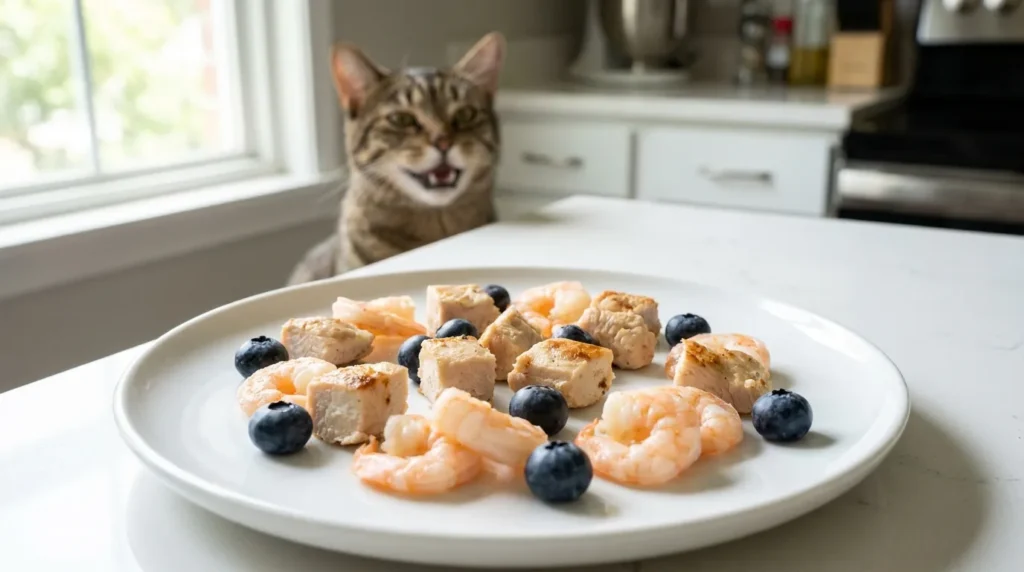 Cat-safe treat alternatives including cooked chicken, shrimp, and blueberries