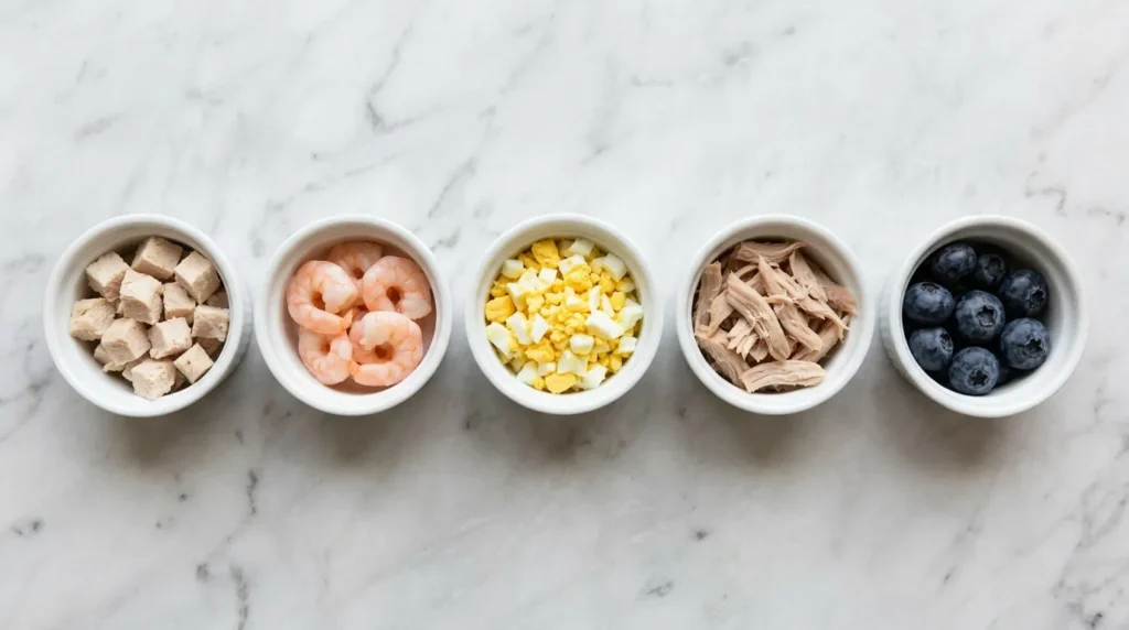 Five small bowls of safe cat treats including chicken, shrimp, egg, turkey, and blueberries on marble surface 