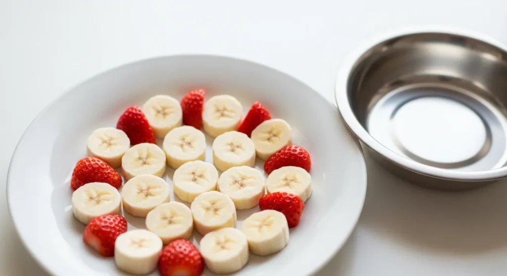 Sliced banana and strawberry for cats.