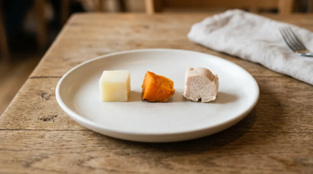 Small portions of cooked potato, sweet potato, and plain chicken on a white plate for cat treats comparison