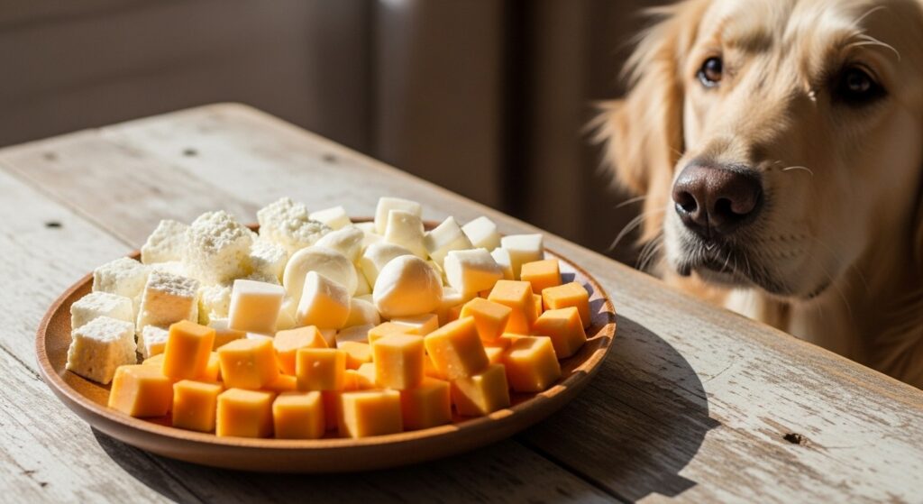 Assortment of safe cheeses like cottage and mozzarella for dogs.