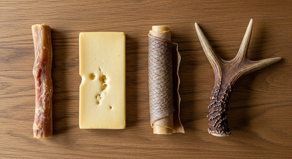 Variety of bully sticks, antlers, and fish skins as dog chew alternatives.