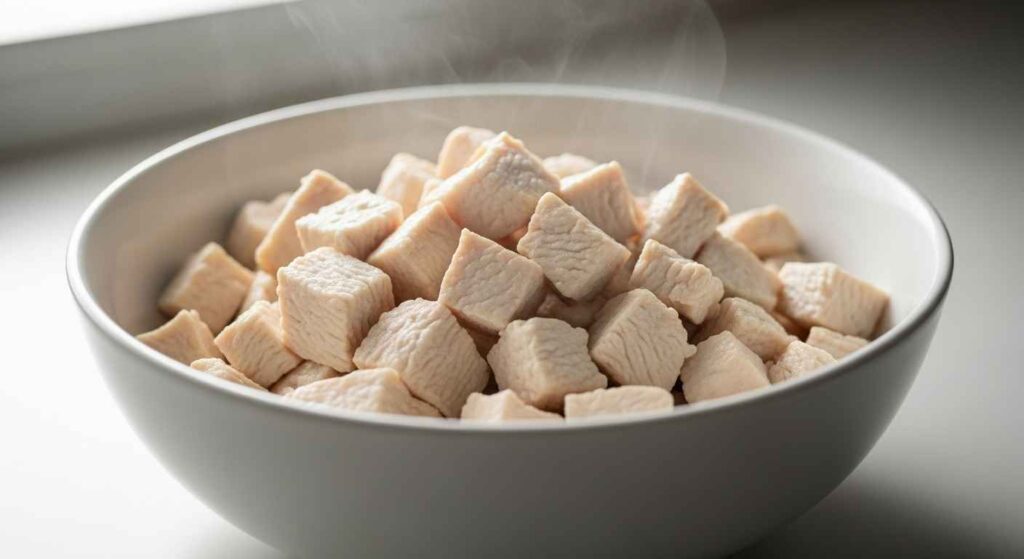 Plain boiled chicken pieces on a dog-safe plate.