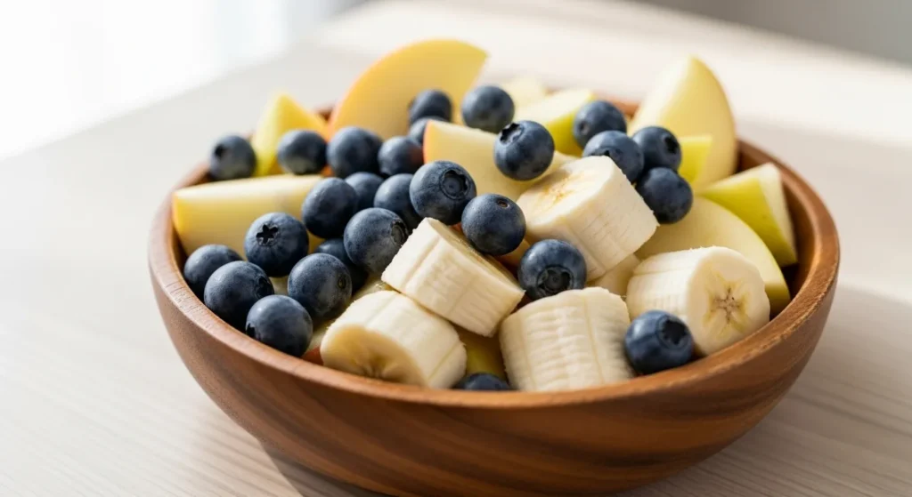 bowl of dog-safe fruits like blueberries apples