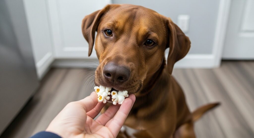 Dog eating air-popped popcorn safely.