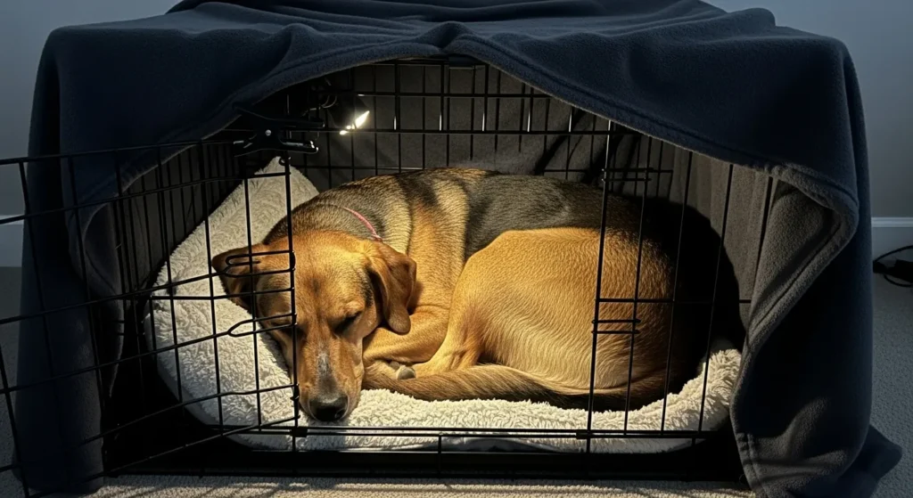 Dog hiding in covered crate with blanket during storm.