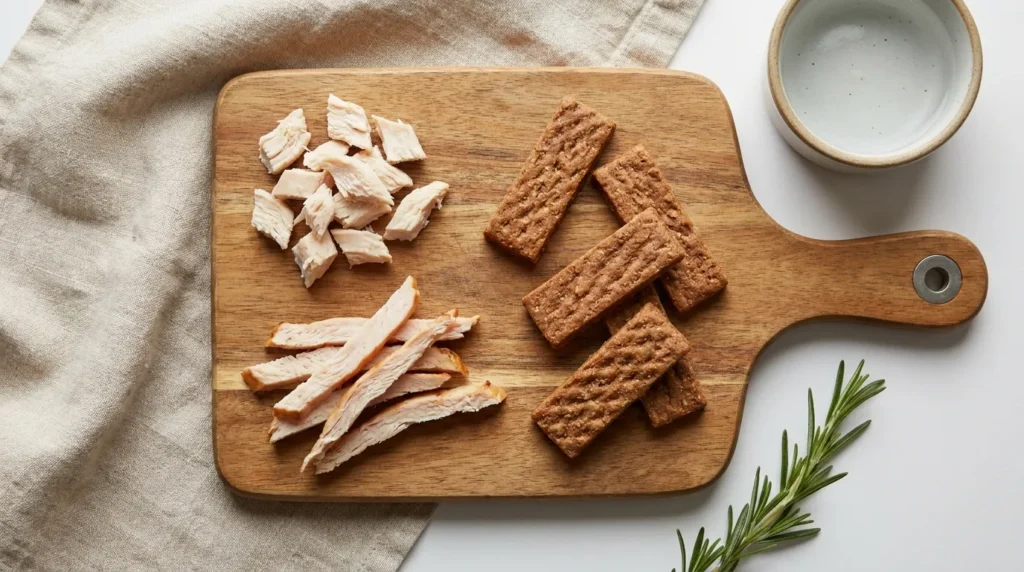Safe dog treat alternatives to bacon — cooked chicken, turkey, and dog-formulated treats on a wooden board