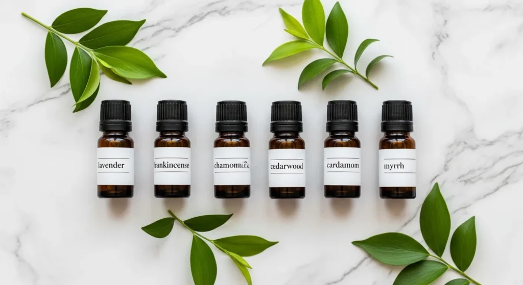 Six essential oil bottles labeled with dog-safe oils on a white marble surface