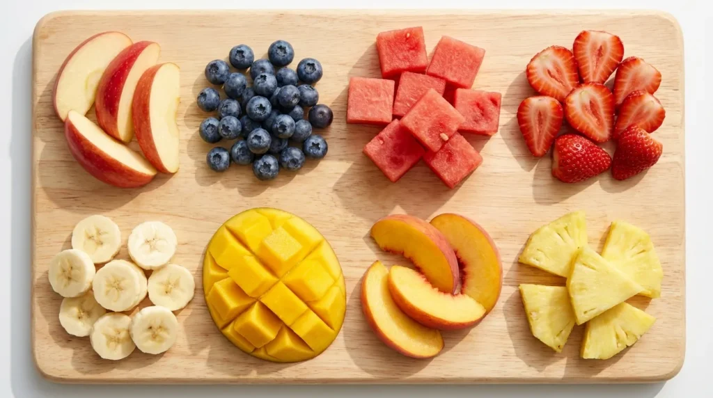 Safe fruits for dogs including apples, blueberries, watermelon, strawberries, and mango on a wooden board