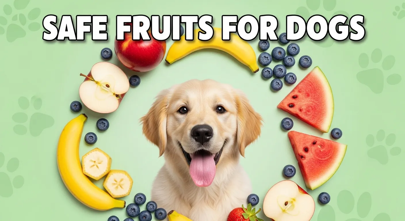 Thumbnail of dog surrounded by safe fruits like apples and bananas.