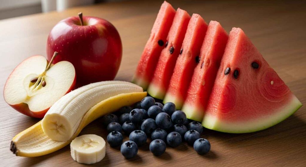 Assortment of cat-safe fruits including watermelon, apples, and blueberries.