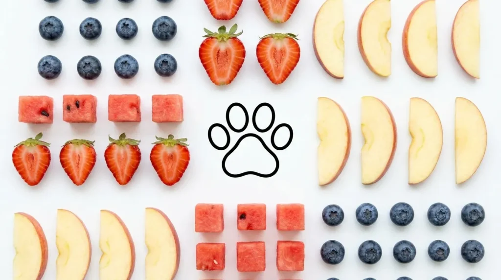 Cat-safe fruits including blueberries, watermelon cubes, and strawberries arranged on white background