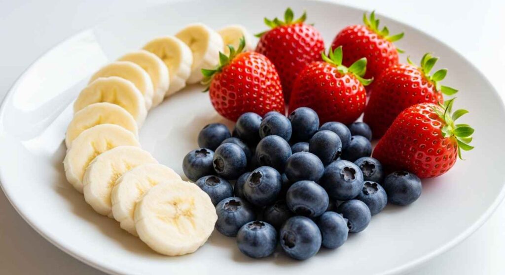 Assorted safe fruits for cats including bananas, strawberries, and blueberries.