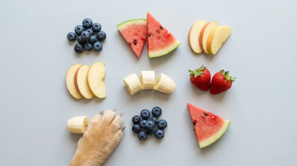 Assortment of dog-safe fruits including blueberries, watermelon, apple slices, and strawberries on a light surface