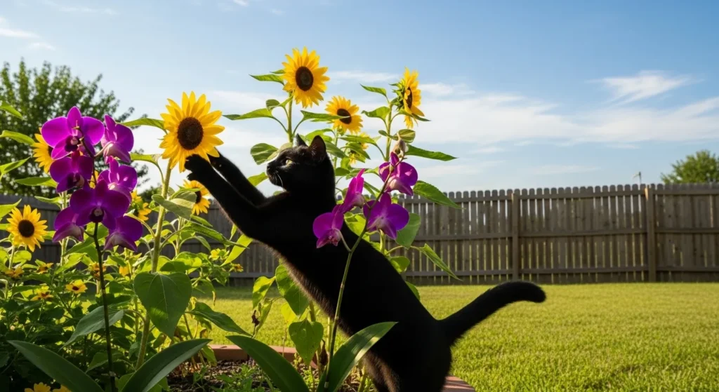 cat playing in pet-safe flower garden