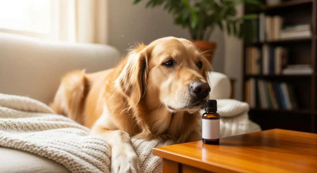 Golden retriever relaxing by lavender essential oil bottle