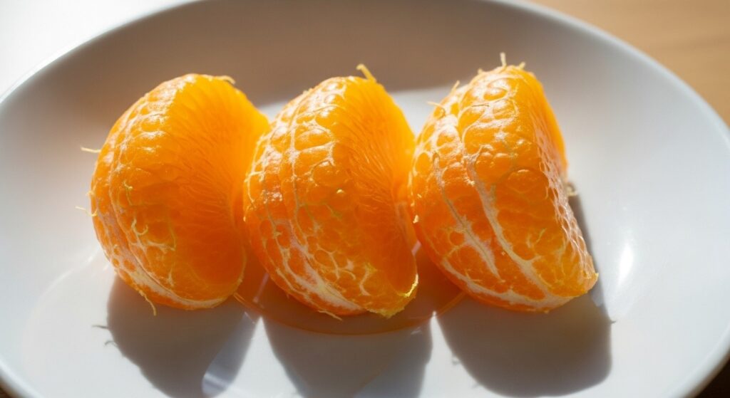 Close-up of peeled orange slices for dogs.