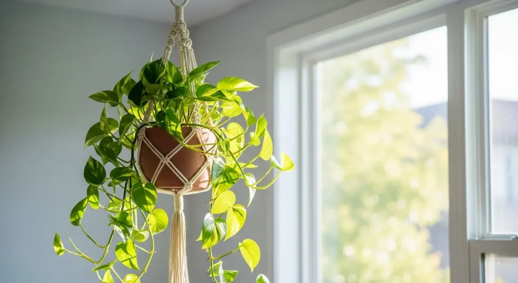 Hanging pothos away from cat.