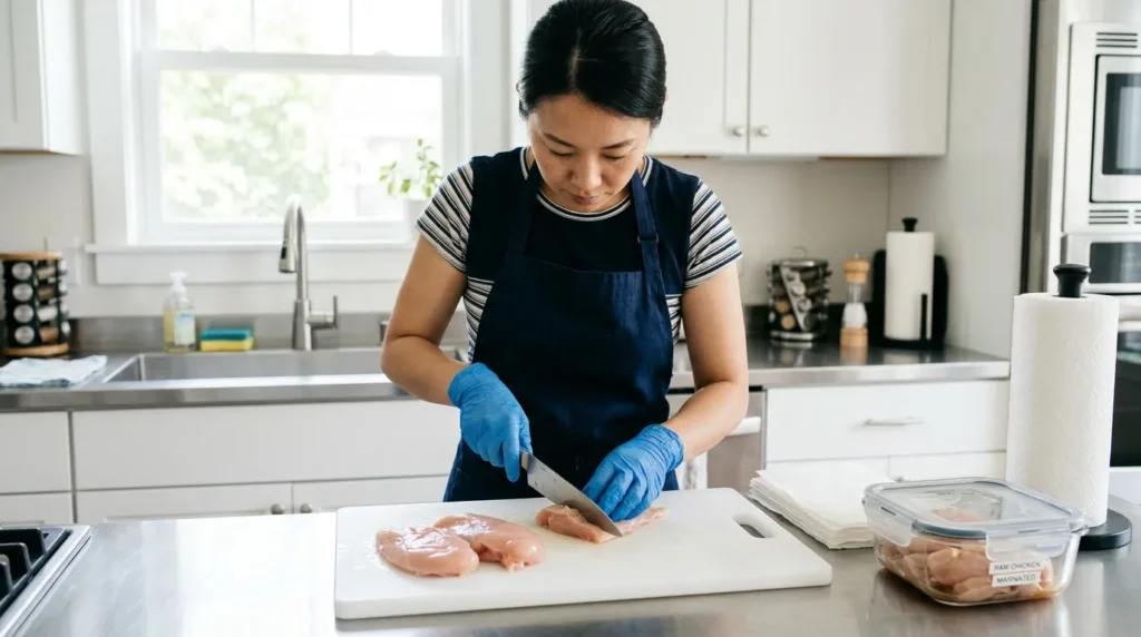 Person wearing gloves handling raw chicken safely in a kitchen