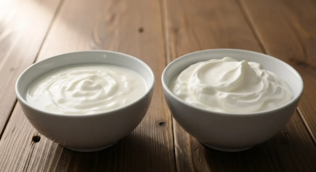 Bowls of plain and Greek yogurt.