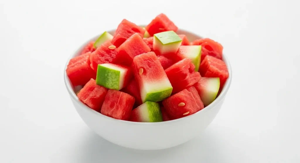 Bowl of seedless watermelon chunks prepared for dogs.