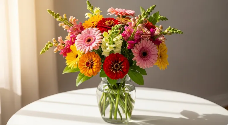 Colorful bouquet of cat-safe flowers including gerbera daisies and snapdragons.